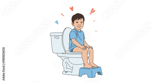 Happy young child sitting comfortably on an adult toilet using a small blue step stool during successful potty training at home.