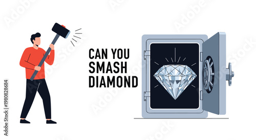 Strong man holding a heavy sledgehammer standing next to an open metal safe containing a large sparkling diamond in a secure vault.