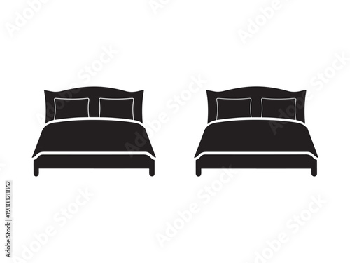 Two black and white silhouettes of beds with pillows and duvets side by side on white background  furniture icons