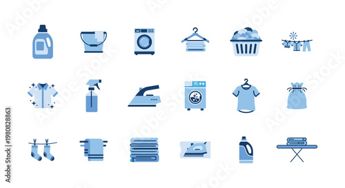 Laundry service and home cleaning icons featuring washing machines detergent clothes and ironing equipment for domestic chores and hygiene.