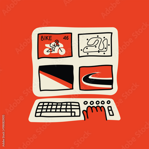 Stewards race direction vector illustration computer with multiple screens displaying motorcycle racing grand prix, a circuit track map, speed graphics, and sports concept