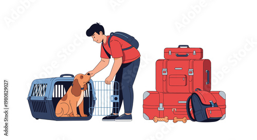 Young man wearing a backpack affectionately petting his dog inside a travel crate surrounded by a stack of red suitcases.
