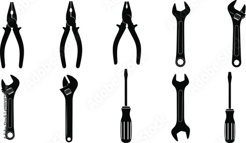 Black silhouette tool set pliers wrenches and screwdrivers for repair work