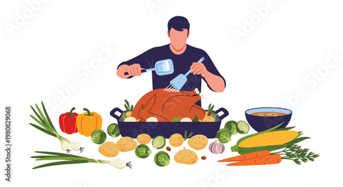 Man in a kitchen setting preparing a large roasted turkey surrounded by an abundance of fresh vegetables and side dishes.