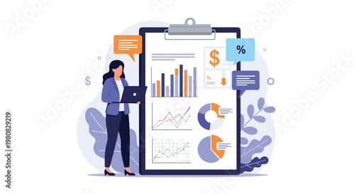 Businesswoman working on her laptop while standing in front of a giant clipboard filled with colorful business data and charts.