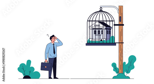Confused businessman with a briefcase looking at a bank building trapped inside a large birdcage hanging on a wooden pole.