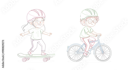 Bold Colored Line Vector of Kids on Skateboard and Bicycle Outdoor Activities Set