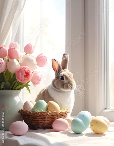 A bunny near a window with a basket of eggs and flowers