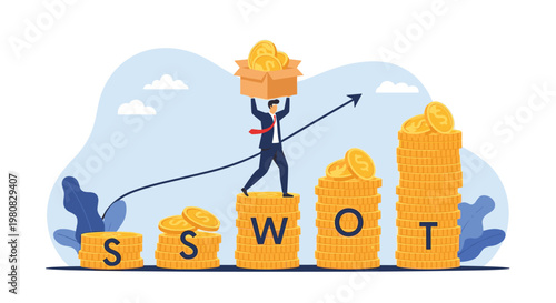 Ambitious businessman carrying a box of gold coins while climbing up a series of coin stacks forming the word SWOT.