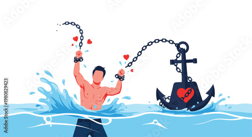 Young man breaking free from heavy chains while emerging from water as a symbol of personal liberation from emotional burdens or past struggles.