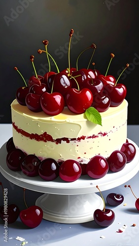 A cake topped with cherries on a white stand