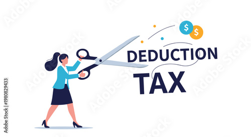 Professional woman using giant scissors to cut down high tax rates representing business strategies for financial savings and deduction planning.
