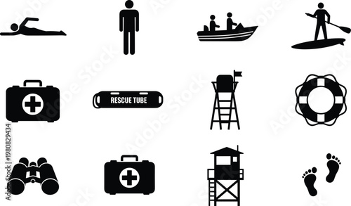 Beach activity icons, lifeguard equipment, swimming silhouettes, rescue tube, paddleboarding, first aid kit, lifeguard tower, ocean safety symbols