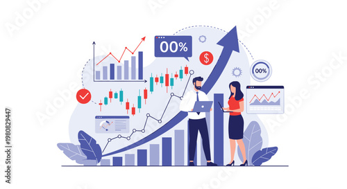Business team analyzing financial growth using data visualizations and candlestick charts on a blue background to optimize company performance.