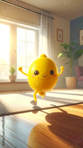 A cheerful yellow cartoon character dancing in a sunlit room