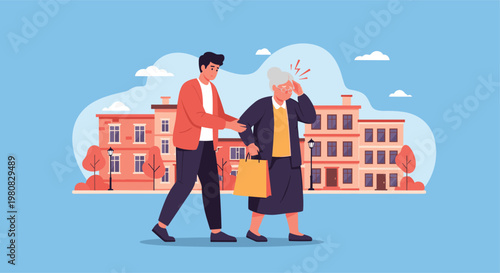Kind young man assisting an elderly woman suffering from a headache in an urban city setting representing community care and social support services.