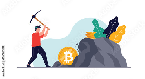 Dedicated man using a pickaxe to mine bitcoin from a rocky terrain symbolizing cryptocurrency investment and digital asset mining activities.