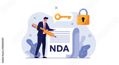 Professional man signing a non disclosure agreement with a giant pencil next to a padlock symbol representing legal protection and confidentiality.