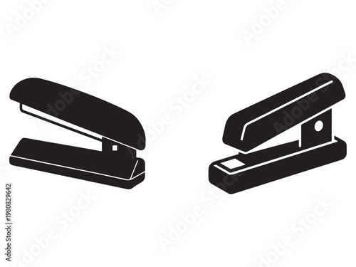 Two black staplers side by side in different positions on white background  office supplies