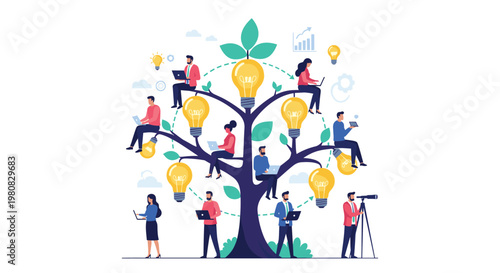 Group of diverse professionals working together around a large tree with light bulbs representing collaboration and innovation in a company.