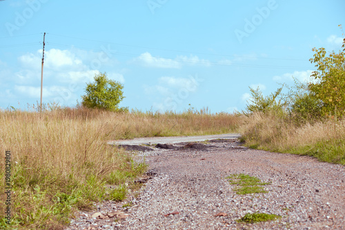 A broken dirt road with pits and potholes, passing through a field with tall dry grass and green bushes under a blue sky with clouds.