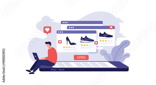 Young man using a laptop while sitting on a giant smartphone displaying various online shopping apps representing ecommerce and mobile retail.