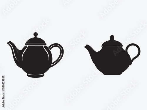 Two black teapot silhouettes on a light gray background tea pots in different shapes and designs for illustration or graphic use