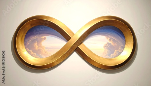 A golden infinity symbol with a cloudy sky inside