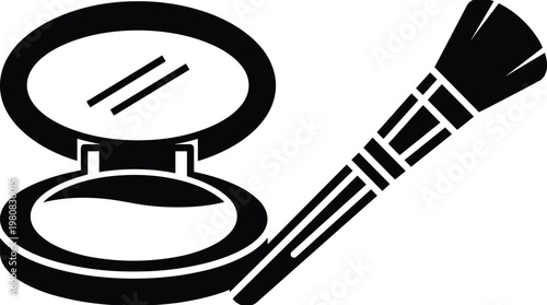 Black and white illustration of compact powder case with mirror and makeup brush symbolizing cosmetics, beauty, grooming, and personal care