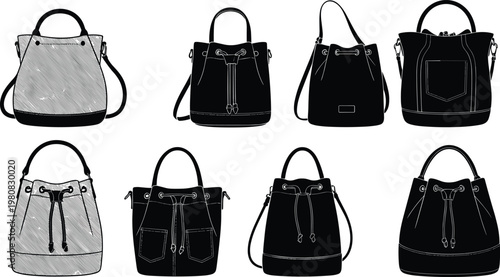 Bucket bags, drawstring handbags, leather purses, women fashion accessories, stylish handbags, tote bucket purses, modern handbag collection, vector silhouette design