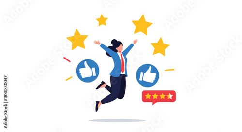 Happy businesswoman jumping in the air surrounded by gold stars and thumbs up icons representing success positive feedback and achievement.