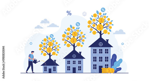 Sustainable investment concept featuring a man watering money trees growing from the roofs of houses representing real estate wealth growth.