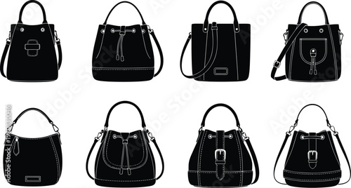 Bucket bags, drawstring handbags, leather purses, women fashion accessories, stylish shoulder bags, luxury handbag vector, tote bucket design, modern silhouette