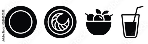 Minimalist black and white icons of tire, plant in pot, and refreshing drink
