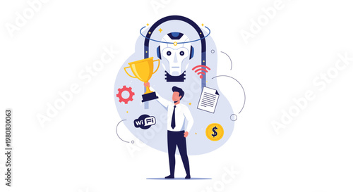 Successful man holding a trophy in front of a robot face illustration representing human achievement in the era of artificial intelligence.