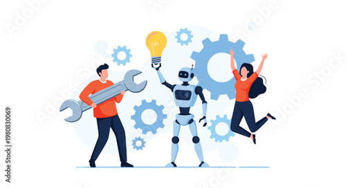 Team of professionals and a robot holding a light bulb next to large gears representing innovation automation and collaborative engineering.