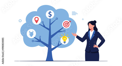 Professional woman presenting a blue tree with business icons like money targets and light bulbs representing strategic growth and planning.