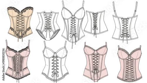 Vector CAD designs of various colorful corsets and bodices on display