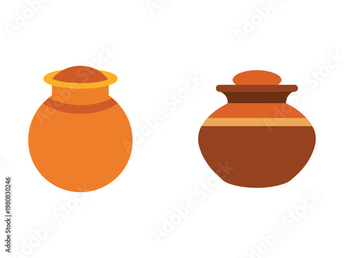 Two clay pots with lids on white background  traditional earthenware containers for storage  rustic home decor
