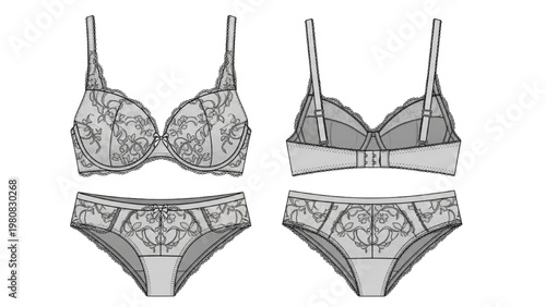 Vector CAD design of lingerie set with floral patterns