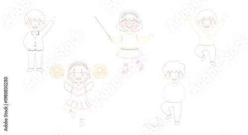 Cute school children vector character set with happy students in diverse poses for educational and preschool design