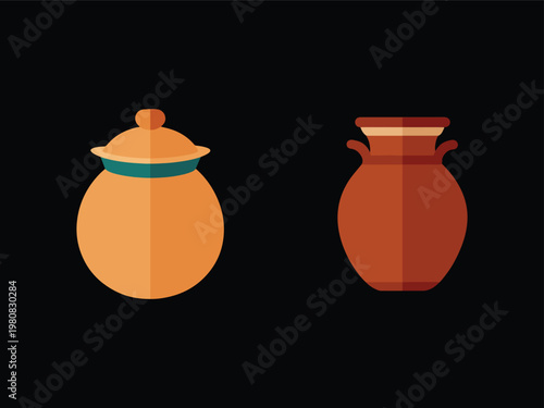 Two clay pots one with lid and green stripe and one with handles on black background