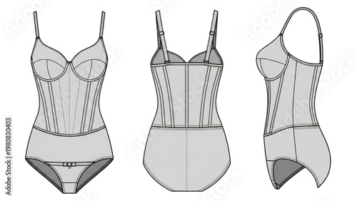 Vector CAD designs of lingerie sets in various views