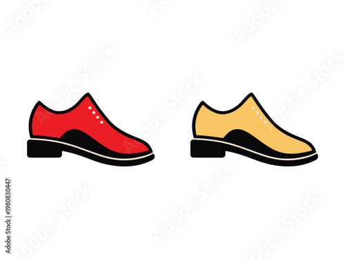 Two colorful dress shoes side by side on white background  red and yellow shoes with black soles and white details