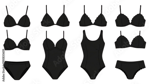 Vector CAD illustrations of various women's swimwear designs and lingerie sets on white