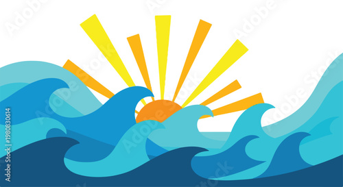 Vibrant ocean waves with a rising sun in the background, illustration of sunny seascape with blue waves and yellow sunrise
