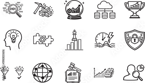 Business intelligence line icon set with analytics, data and dashboard symbols editable stroke vector.