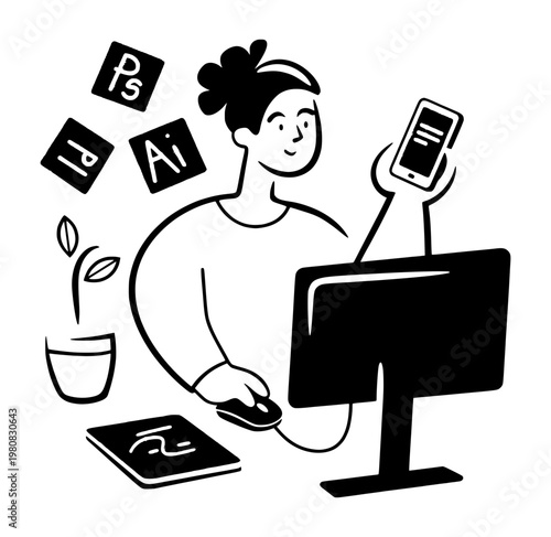 Graphic designer working on computer creative illustration