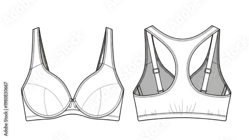 Vector CAD design of a bra and sports bra in technical drawings