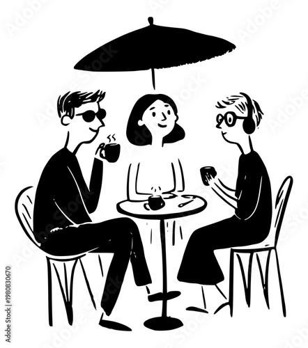 Friends drinking coffee at outdoor cafe illustration